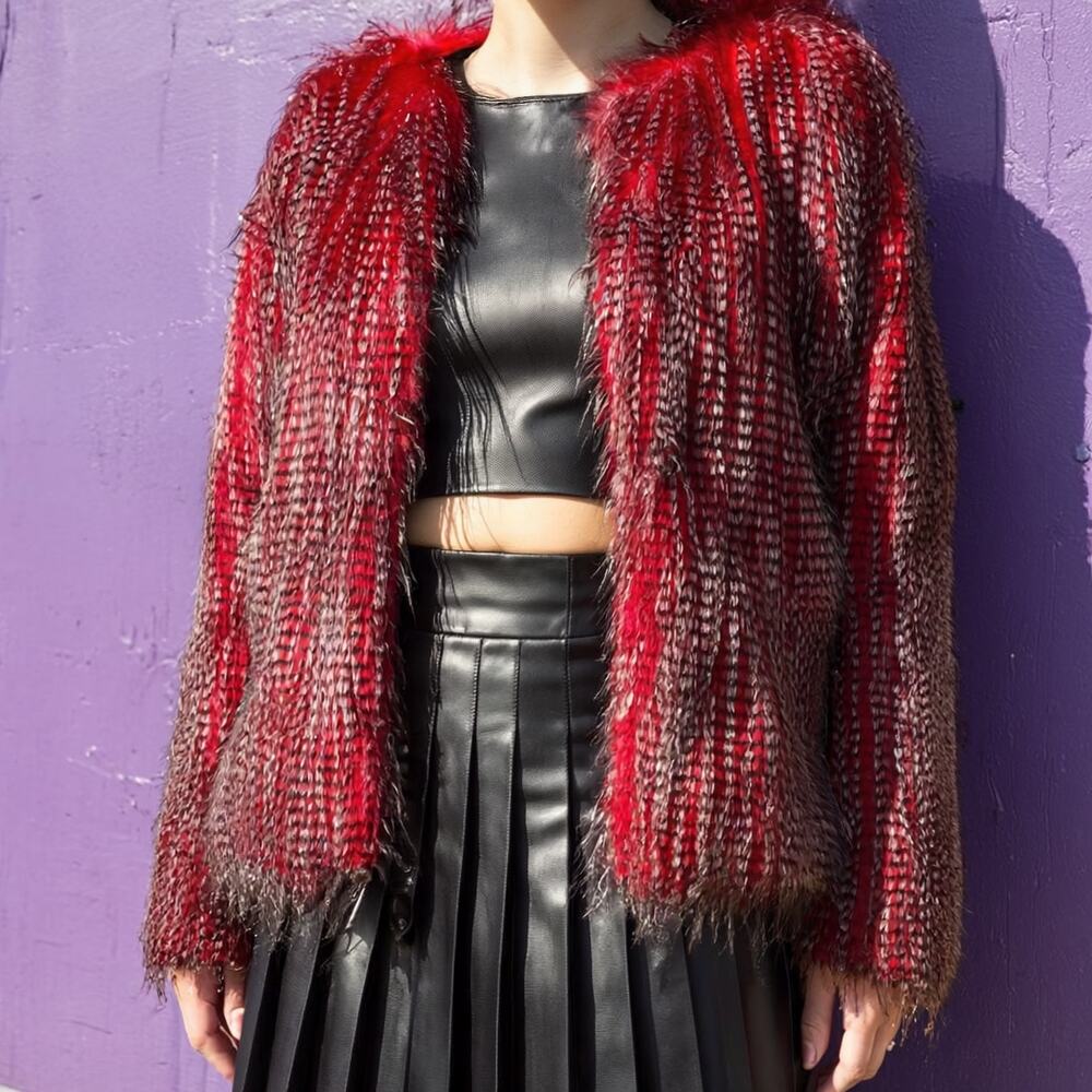 Red & Black Textured Jacket with Faux Ostrich Feather, Size Small